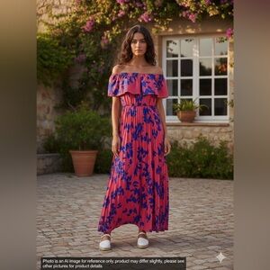 Pink and Blue Off-Shoulder Floral Maxi Dress